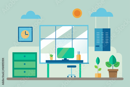 Modern interior design with wooden furniture and a bookshelf in an office room, vector illustration