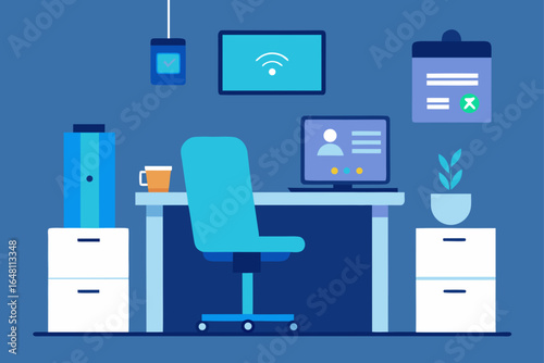 A vector illustration of a modern office interior with a desk, computer, and file cabinet