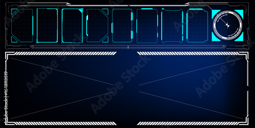 A sleek digital interface showcases multiple empty frames and a circular indicator on a deep blue background, suggesting a tech-focused setting. The design emphasizes modernity and functionality