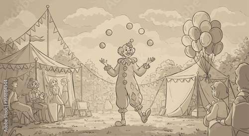 Vintage hand-drawn illustration of a happy clown juggling for an audience at a retro circus fair with tents and balloons.