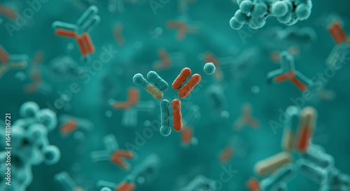 Orange and teal colored antibody molecules in microscopic biological fluid for medical science and immunotherapy research applications