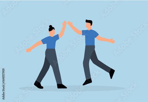 happy businessman and woman teamwork colleagues jumping and hi five clapping hands.