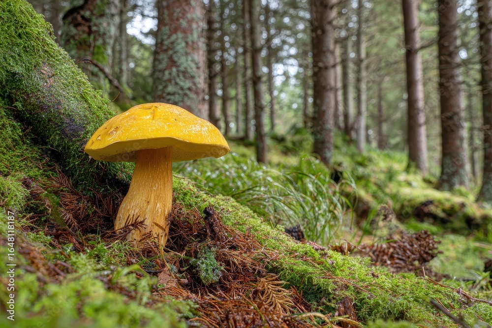 Fototapeta premium Yellow mushroom in a coniferous forest