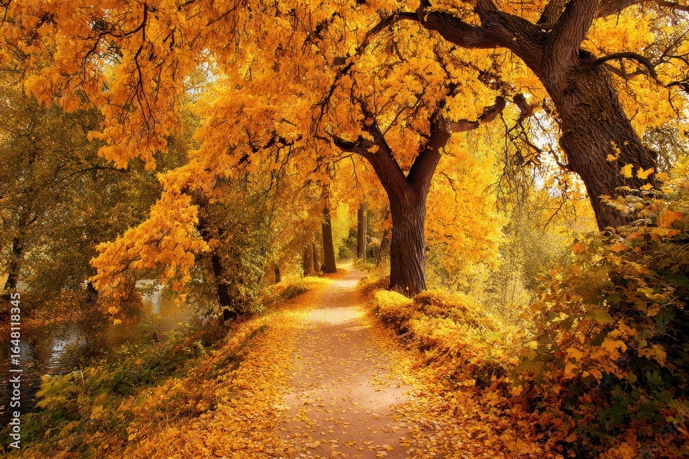 Fototapeta premium Yellow trees lining a path in an autumn park
