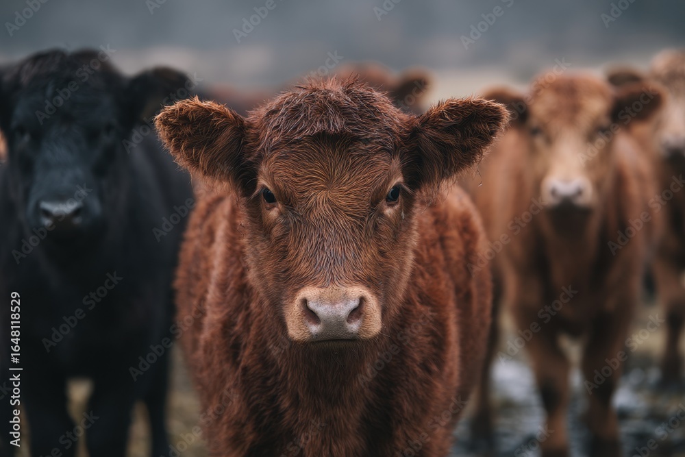 Young brown Galloway cattle in a pasture with others Young brown Galloway cattle in a pasture with others