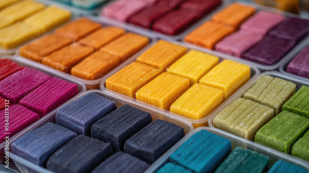 Naklejka premium A vibrant display of colorful, rectangular candies arranged in neat rows, showcasing a variety of bright hues and textures.