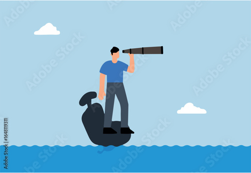 lonely businessman standing on reclining office chair in near future.