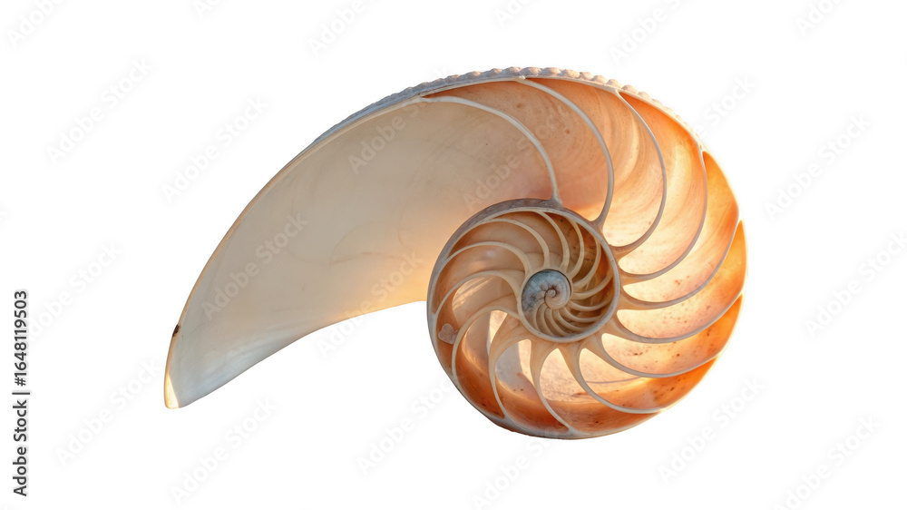 Obraz premium Cross section of a nautilus shell showing its intricate spiral chambers isolated on transparent background