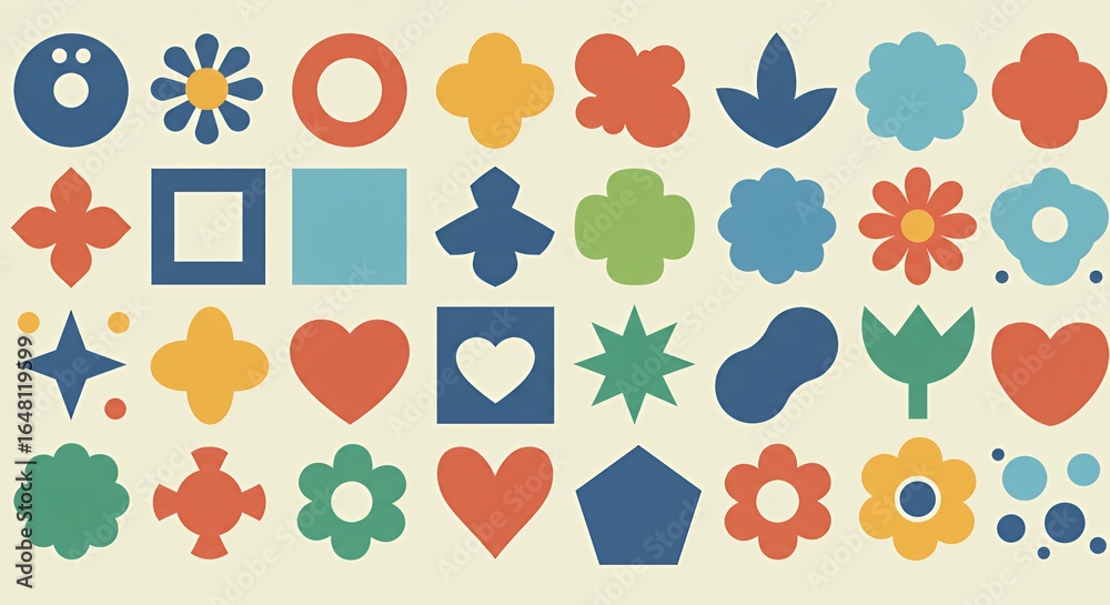 Colorful retro-style geometric shapes and botanical icons arranged in playful pattern with flowers hearts and natural elements