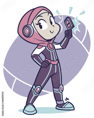Cartoon Superheroine with Hijab Holding Futuristic Device on a Stylized Background, a Vector Illustration for Children's Media and Educational Content