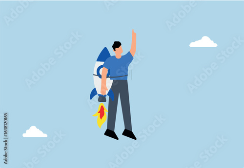 businessman flying high with jetpack rocket booster.
