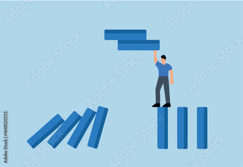 businessman company manager remove dominoes to stop domino effect of collapse.