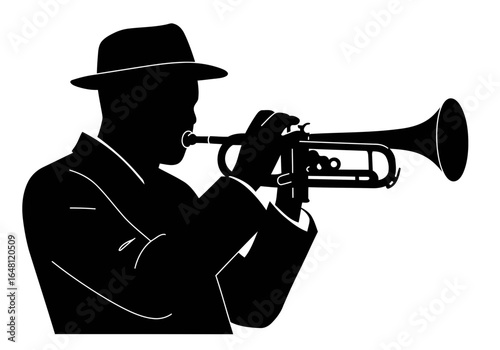 A minimalist vector illustration of a jazz musician playing a wind instrument
