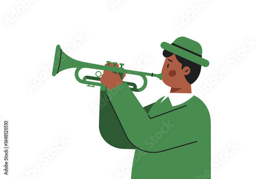 A minimalist vector illustration of a jazz musician playing a wind instrument
