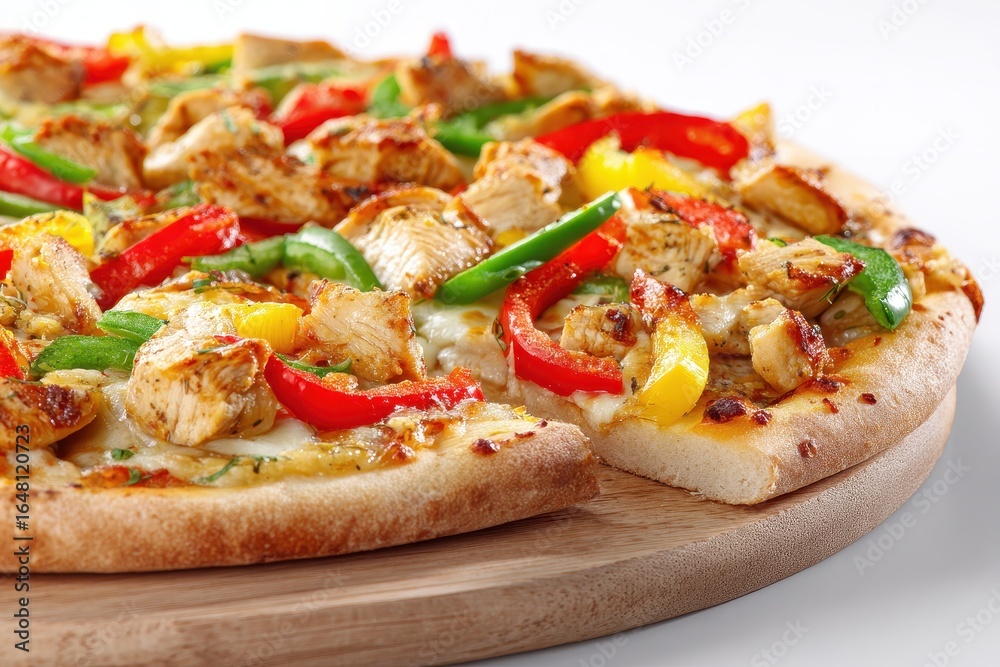Delicious vegetable and chicken pizza on a white background with depth of field and empty space Delicious vegetable and chicken pizza on a white background with depth of field and empty space