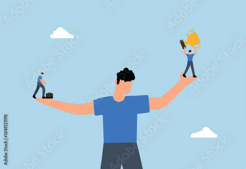 sad depressed man stands with hand compared to defeated colleague.
