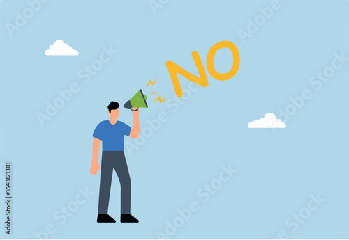 confident businessman speaks loudly in megaphone with the word No to his boss.