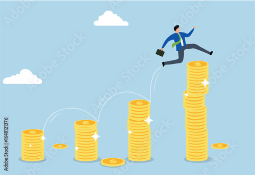Pay raise salary increase, Joyful businessman leaping on ascending pile of money coins.