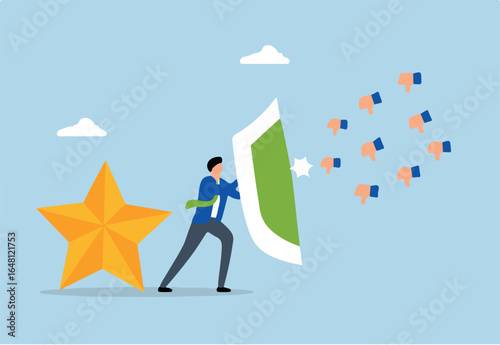 Protect brand reputation, businessman shield protect star reputation form thumb down feedback.