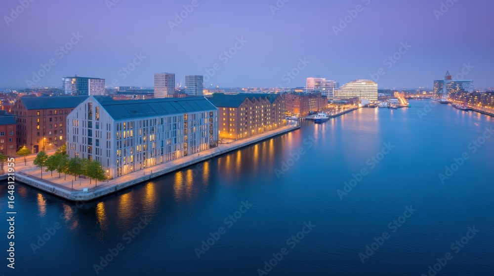 Fototapeta premium Modern Cityscape Waterfront Architecture Evening Dusk Skyline