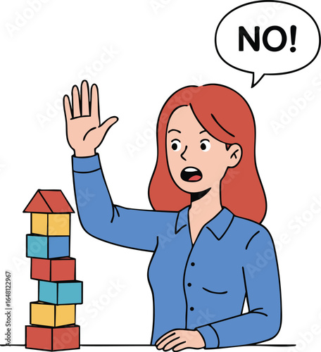 Woman with red hair refusing to play with colorful wooden blocks in casual blue shirt vector illustration 