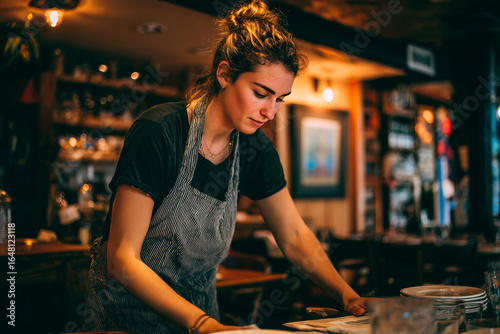 Waitress preparing table in restaurant before customers arrive