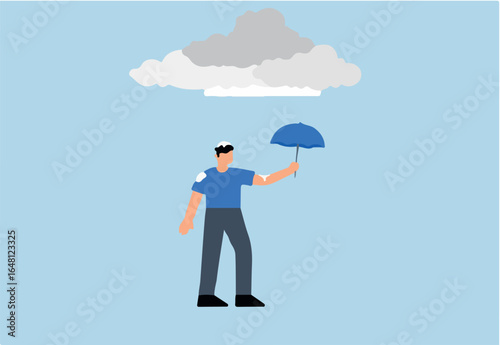 Wrong decision, drenched unfortunate businessman with too small an umbrella cover in heavy downpour.