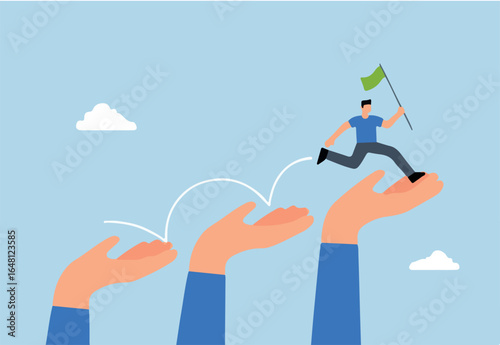 mentorship to assist employee to success, entrepreneur ascends growth ladder of massive hand to reach target.