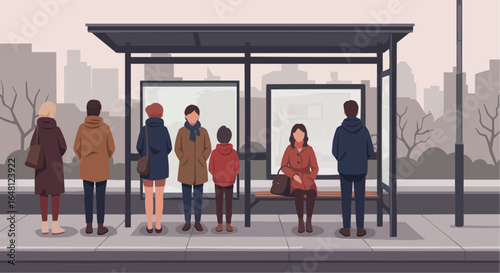 Group of people waiting at bus stop in urban environment  