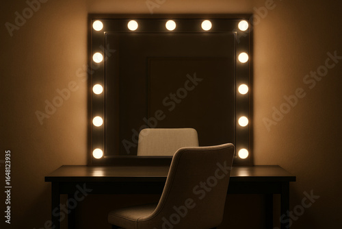 Stylish vanity mirror with bright bulbs reflects cozy ambiance