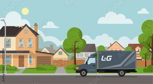 Delivery truck passing by suburban houses under clear sky 