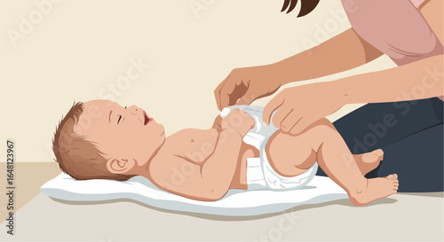 Mother changing diaper of baby on changing pad indoors  