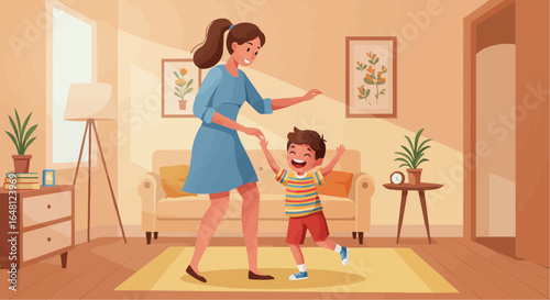 Mother dancing with happy child in cozy living room at home  