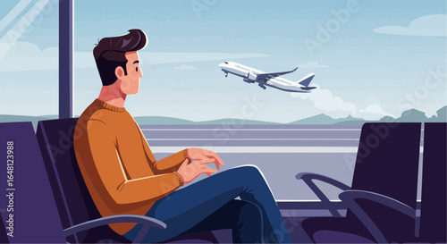 Young man sitting in airport lounge looking at departing airplane  