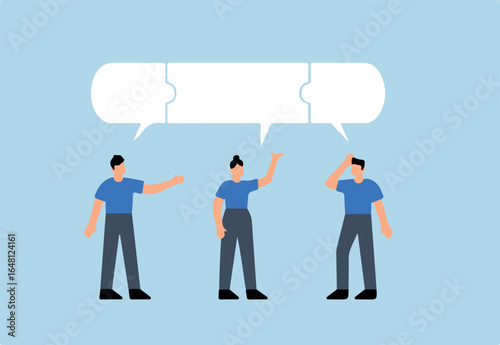 Compromise to get solution in business meeting, a team of businessmen in puzzle connected with a speech bubble