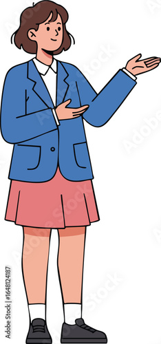 Young woman in blue jacket and pink skirt presenting with open hand gesture vector illustration