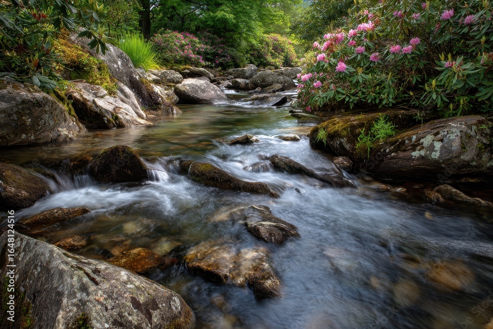 Effortless water flows over stones in a swift stream surrounded by rhododendrons viewed horizontally Effortless water flows over stones in a swift stream surrounded by rhododendrons viewed horizontally
