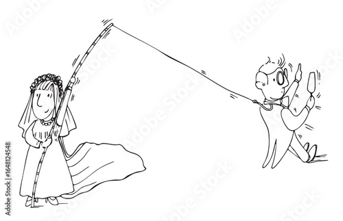 BRIDE catching GROOM with a fishing rod