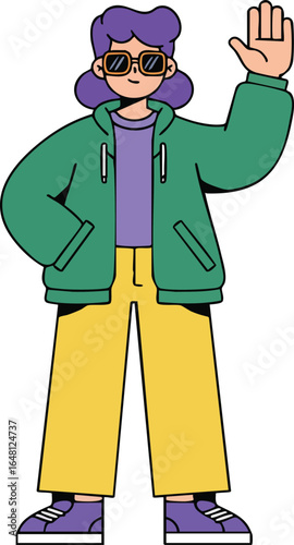 Young person with purple hair and sunglasses waving hand wearing green jacket and yellow pants vector illustration 