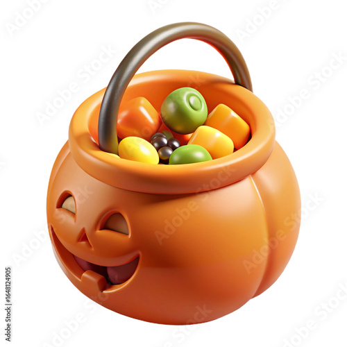 3D icon of orange trick-or-treat bucket on transparent background