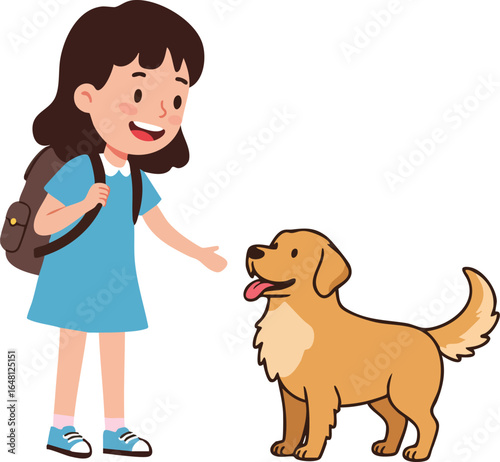Girl with brown backpack and golden retriever dog playful interaction vector illustration 