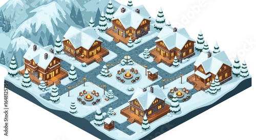 Isometric winter village scene with snowy houses mountains trees and cozy fire pits in a cold landscape