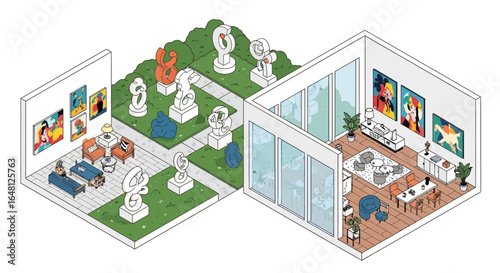 Isometric art gallery interior design with sculptures paintings furniture and modern architecture layout view