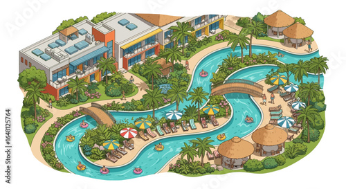 Aerial resort lazy river waterpark tropical vacation palm trees hotel swimming pool paradise travel destination