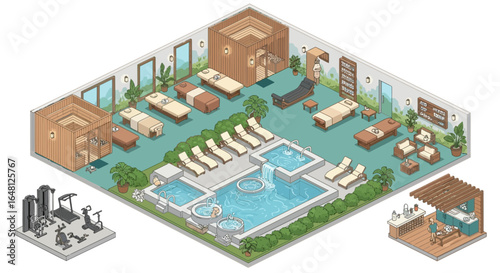 Isometric spa wellness center with pool sauna massage beds gym equipment and relaxation area rendering design
