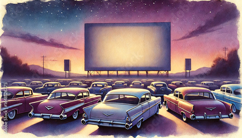 A nostalgic painting of a retro drive-in movie theater at sunset, featuring classic 1950s cars parked in rows facing a large empty movie screen under a starry sky.