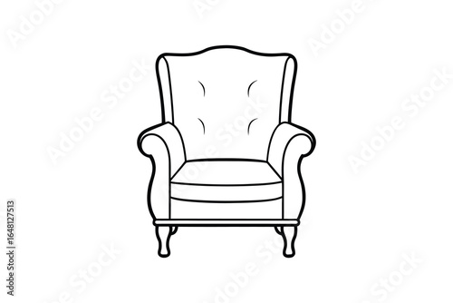 A simple line drawing of a classic wingback armchair with upholstered seat silhouette