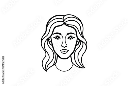 A simple line drawing of a woman s face with long wavy hair and neutral expression silhouette