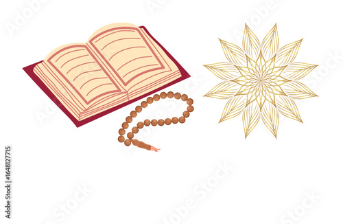 Elegant Islamic design with open holy book, prayer beads, and golden geometric mandala ready for Ramadan greeting cards or festive event invitations