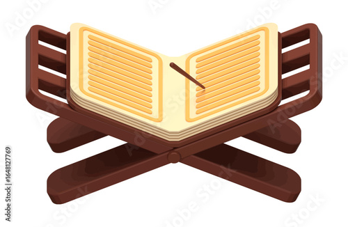 Elegant open book on a wooden stand, perfect for educational materials and Islamic design projects, conveying knowledge, tradition, and serene contemplation